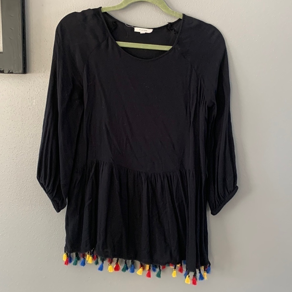 Pleione Multi Color Tassle 3/4 Sleeve Top Black